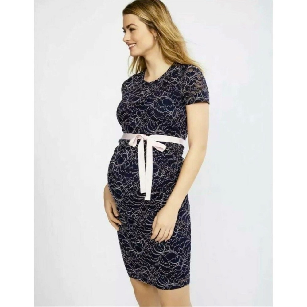 Motherhood Maternity Women's M Midi Gender Reveal Dress Navy Light Pink Lace
